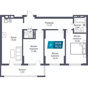 3-к квартира, строящийся дом, 75м2, 8/25 этаж