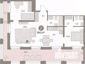 2-к квартира, вторичка, 104м2, 27/30 этаж