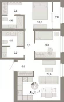 2-к квартира, вторичка, 67м2, 7/7 этаж