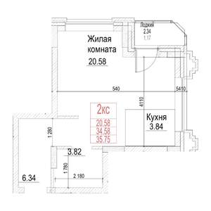 1-к квартира, строящийся дом, 35м2, 17/21 этаж