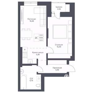 2-к квартира, вторичка, 52м2, 9/24 этаж