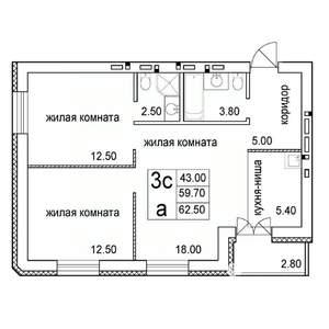 3-к квартира, строящийся дом, 63м2, 2/8 этаж