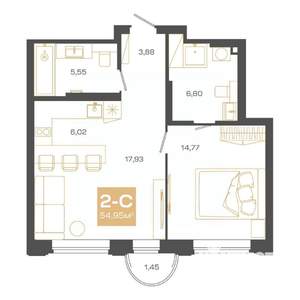 2-к квартира, строящийся дом, 55м2, 19/24 этаж