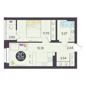 2-к квартира, строящийся дом, 39м2, 6/10 этаж