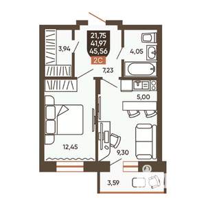 2-к квартира, вторичка, 46м2, 16/19 этаж