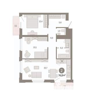 2-к квартира, вторичка, 75м2, 7/14 этаж