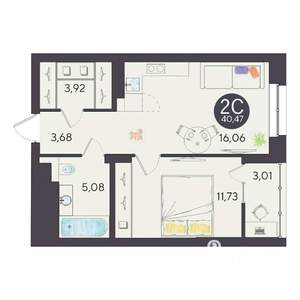 2-к квартира, строящийся дом, 40м2, 10/10 этаж