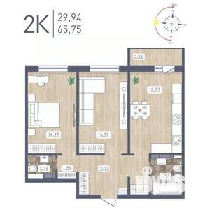 2-к квартира, строящийся дом, 66м2, 14/17 этаж