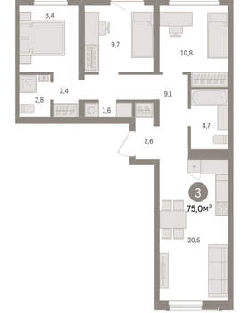 3-к квартира, вторичка, 75м2, 6/15 этаж