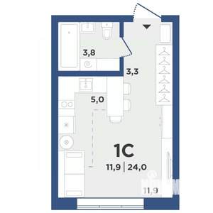 1-к квартира, вторичка, 24м2, 1/9 этаж