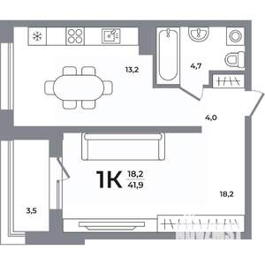 1-к квартира, вторичка, 41м2, 7/17 этаж