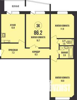 3-к квартира, строящийся дом, 86м2, 7/13 этаж
