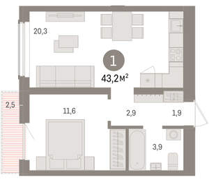 1-к квартира, вторичка, 43м2, 14/15 этаж