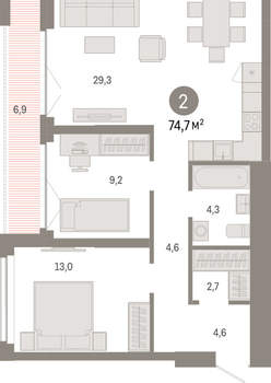 2-к квартира, вторичка, 75м2, 16/23 этаж
