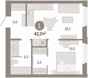 1-к квартира, вторичка, 43м2, 8/14 этаж