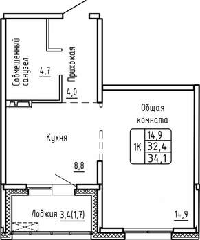 1-к квартира, строящийся дом, 34м2, 4/17 этаж