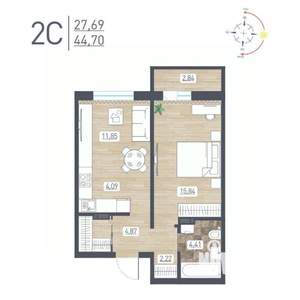 2-к квартира, строящийся дом, 45м2, 16/17 этаж