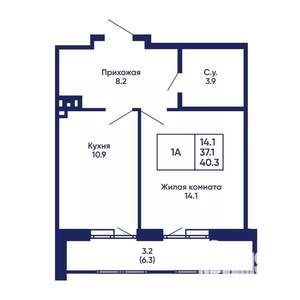 1-к квартира, вторичка, 40м2, 4/14 этаж