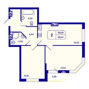 2-к квартира, вторичка, 69м2, 2/26 этаж
