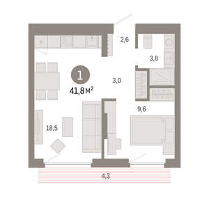 1-к квартира, вторичка, 42м2, 7/12 этаж