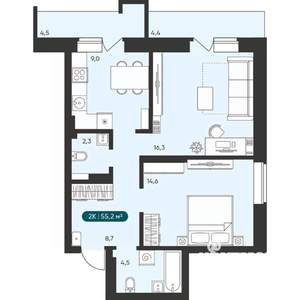 2-к квартира, вторичка, 55м2, 8/25 этаж