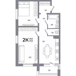 2-к квартира, вторичка, 58м2, 6/17 этаж