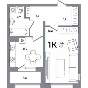 1-к квартира, вторичка, 41м2, 12/12 этаж