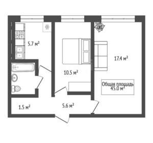 2-к квартира, вторичка, 45м2, 1/5 этаж