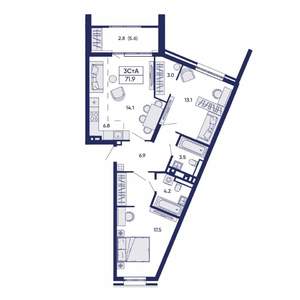 3-к квартира, вторичка, 72м2, 9/14 этаж