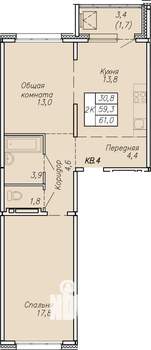 2-к квартира, строящийся дом, 61м2, 15/17 этаж