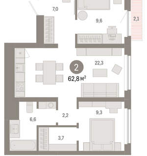 2-к квартира, вторичка, 63м2, 4/12 этаж