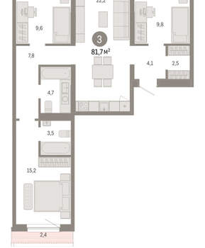 3-к квартира, вторичка, 82м2, 6/15 этаж