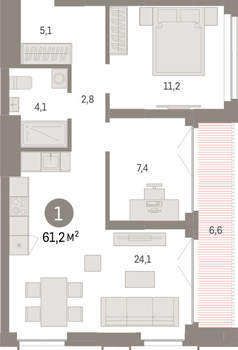 1-к квартира, вторичка, 61м2, 11/23 этаж