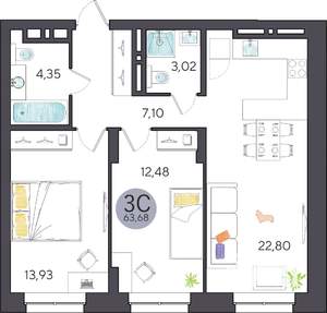 3-к квартира, строящийся дом, 64м2, 1/27 этаж