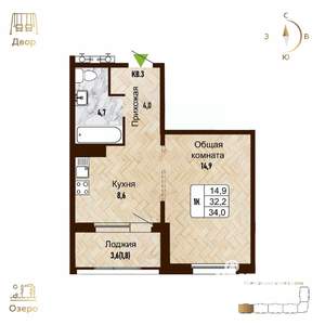 1-к квартира, строящийся дом, 34м2, 4/17 этаж