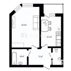 1-к квартира, вторичка, 48м2, 4/9 этаж