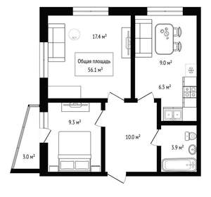 3-к квартира, вторичка, 56м2, 10/17 этаж