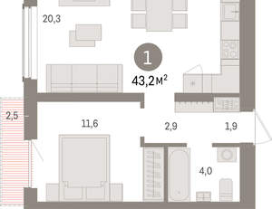 1-к квартира, вторичка, 43м2, 14/15 этаж
