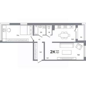 2-к квартира, вторичка, 70м2, 10/12 этаж
