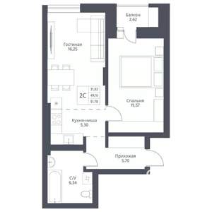 2-к квартира, вторичка, 52м2, 13/24 этаж