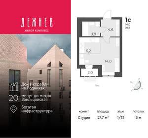 Студия квартира, вторичка, 28м2, 1/12 этаж
