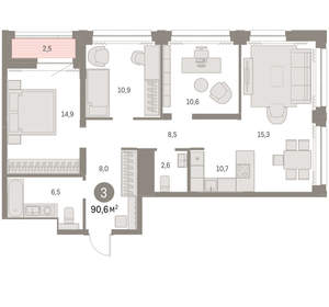 3-к квартира, вторичка, 90м2, 14/30 этаж