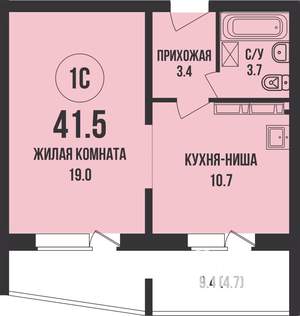 1-к квартира, строящийся дом, 42м2, 1/13 этаж