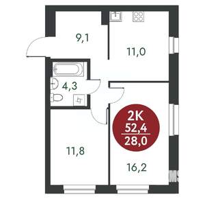 2-к квартира, вторичка, 52м2, 1/10 этаж
