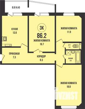 3-к квартира, строящийся дом, 86м2, 12/13 этаж