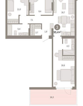 3-к квартира, вторичка, 95м2, 2/12 этаж