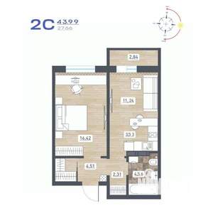 2-к квартира, строящийся дом, 44м2, 6/17 этаж