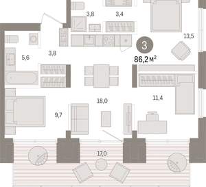 3-к квартира, вторичка, 86м2, 1/15 этаж