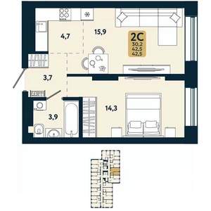 2-к квартира, вторичка, 43м2, 21/25 этаж
