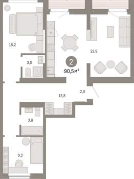 2-к квартира, вторичка, 91м2, 10/12 этаж